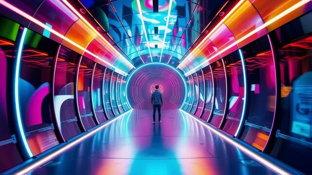 Man walking in futuristic neon illuminated tunnel towards bright light