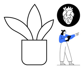 Woman holding clipboard, pointing forward near a large potted plant and anatomical heart symbol. Ideal for education, wellness, health, creativity, nature, personal growth, simple landing page