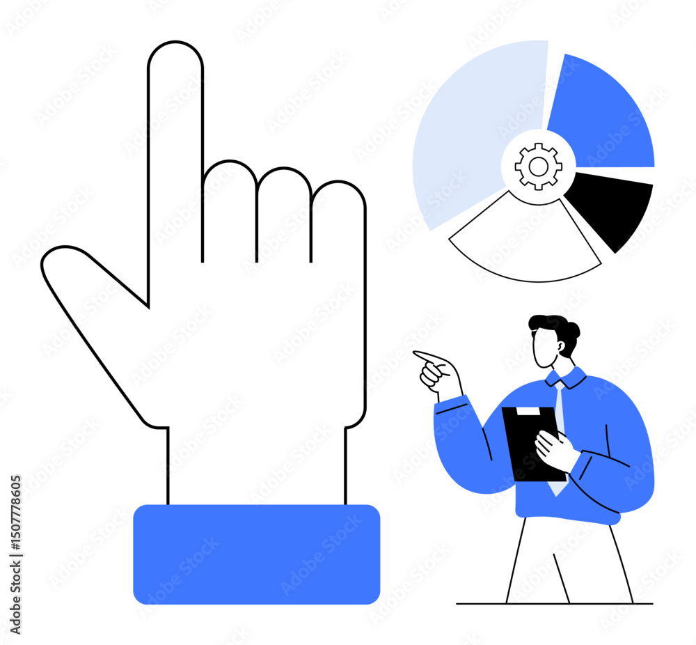 Poster large hand making a pointing gesture, professional holding a document and analyzing data visualizati