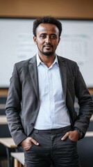 Ethiopian teacher in modern classroom, wearing formal attire and conveying confidence. Concept of education, diversity, and academic leadership.