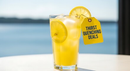 Refreshing Lemonade Glass with Ice, Lemon Slices and "Thirst Quenching Deals" Tag Offers Refreshment and Promotes Savings, Against a Blurred Coastal Background in Bright Sunlight