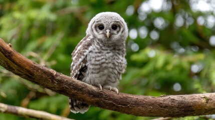 A young owl perched on a tree branch.