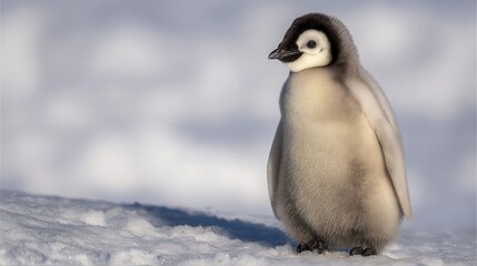 A young penguin chick stands on the snow.