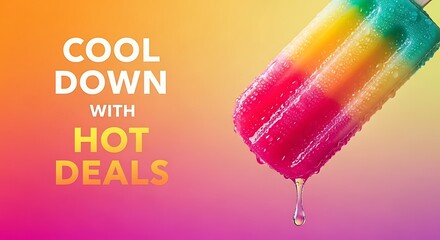 Rainbow Popsicle Melts Against Ombre Backdrop: Summer Cooling Treats Promotion, Sweet Indulgence, Refreshing Dessert, Playful Aesthetic, Vibrant Colors
