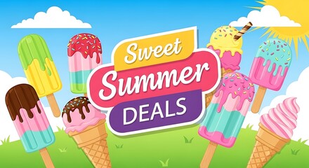 Sweet Summer Deals: Popsicles and Ice Cream Cones Delightfully Presented on Green Grass Under a Blue Sky with Cartoon Sun in a Vibrant Vector Illustration