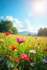 Fototapeta premium A sun-drenched field of vibrant wildflowers swaying gently in the breeze, embodying carefree joy and the simple pleasures of nature's beauty , flowers, peace
