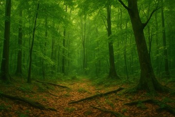 Fototapeta premium Artistic composition showcasing a lush green forest with fallen leaves and tree branches