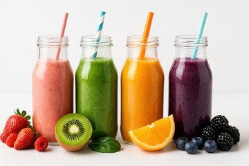 Assortment of Healthy Fresh Fruit and Vegetable Smoothies in Glass Bottles on a White Background