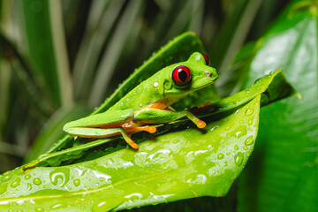 Red-eyed tree frog on wet tropical leaf in natural rainforest habitat
