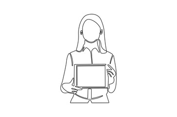 Continuous one line drawing of Business woman with the tablet. Single line drawing illustration of Saleswoman showing tablet. Business Blank screen concept vector art. Doodle line illustration.