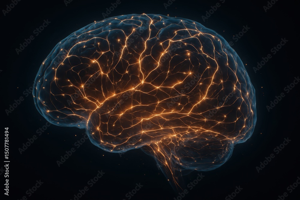 Poster brain with bright glowing neural connections on a dark background, symbolizing neural networks and a