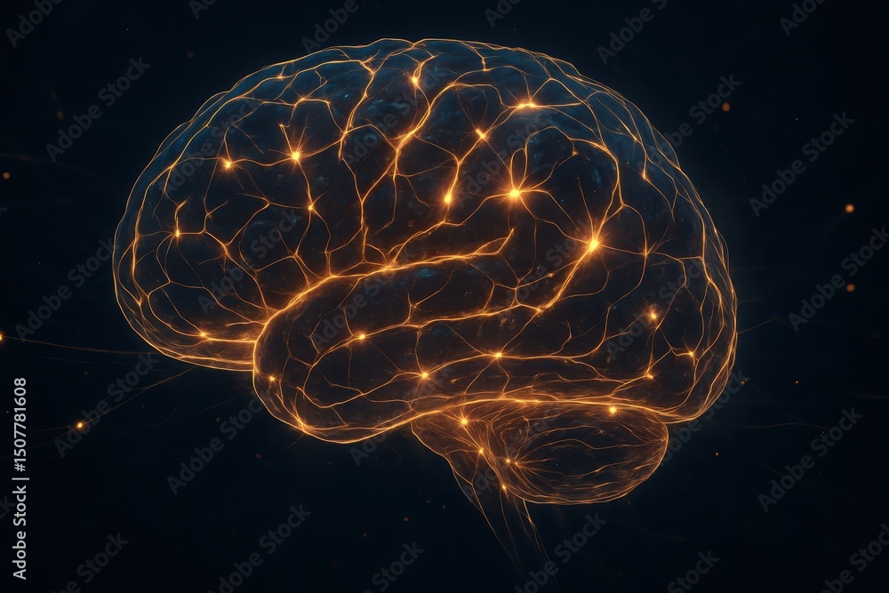 Aufkleber brain with bright glowing neural connections on a dark background, symbolizing neural networks and a