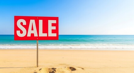 Beachfront Sale Announcement: Red Sign Displaying "SALE" on Sandy Beach, Azure Ocean Backdrop Under Clear Blue Sky, Vacation Promotion, Summertime Savings, High-Key Lighting