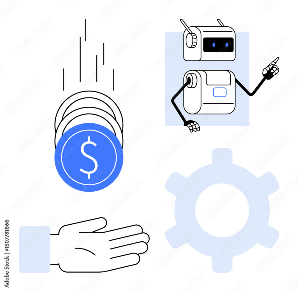 Poster robot presenting automation concept with coins dropping into a hand, gear symbolizing workflow, opti