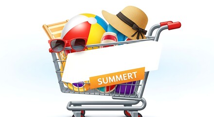Summer Shopping Cart: Filled with Beach Gear, Sunglasses, Hat for Vacations - Ready to Offer Summer Deals with Space for Custom Text and Promos for Holidays.