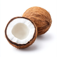 Close up professional photo of tropical coconut cut in half showing white flesh on white background with no shadow