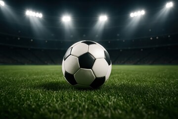 Classic Black and White Soccer Ball on Green Grass in a Stadium, Illuminated by Spotlights, Ready for a Match