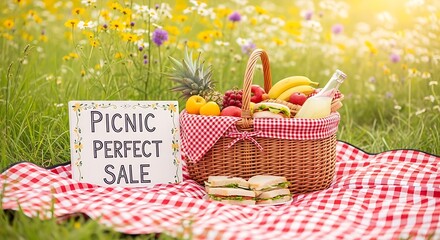 Picnic Basket on Blanket with Summer Food & Sale Sign in Sunlit Meadow: Pineapple, Sandwiches, Lemonade; Cheerful, Perfect for Promotions and Outdoor Gatherings.