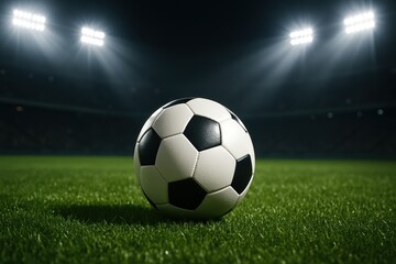Classic Black and White Soccer Ball on Green Grass in a Stadium, Illuminated by Spotlights, Ready for a Match