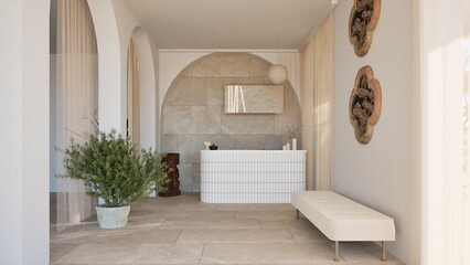 3D render of a serene modern reception area with white curved desk, arched wall niche, indoor plants, and natural stone textures. Minimalist design with warm light and earthy tones.
