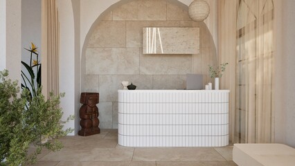 3D render of a serene modern reception area with white curved desk, arched wall niche, indoor plants, and natural stone textures. Minimalist design with warm light and earthy tones.