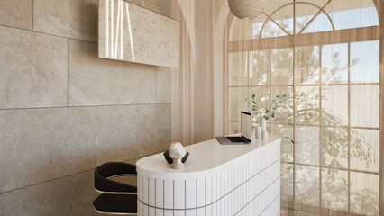 3D render of a serene modern reception and stylish workspace with white curved desk, arched wall niche, indoor plants, and natural stone textures. Minimalist design with warm light and earthy tones.