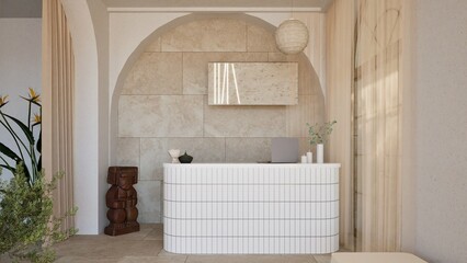 3D render of a serene modern reception area with white curved desk, arched wall niche, indoor plants, and natural stone textures. Minimalist design with warm light and earthy tones.