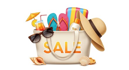 Summer Beach Sale Vector: Bag Full of Beach Essentials, Sunglasses, Hat, Shells on White Background, Sunny Mood, Detailed Illustration