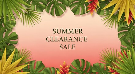 Summer Clearance Sale: Lush Tropical Leaves Frame a Gradient Coral Backdrop, Featuring Monstera, Palm, and Heliconia Plants in a Vibrant, Naturalistic Style