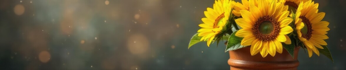 Obraz premium A vibrant bouquet of sunflowers in a rustic terracotta pot, embodying the joyful spirit of gifting life and growth , decorative, abundance, rustic