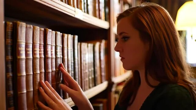 Woman Browsing Antique Books in a Library High-Resolution Zoom Background, Generative AI
