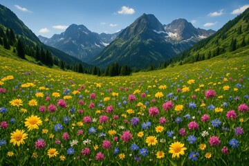 Fototapeta premium Colorful Blooming Mountain Meadow in Springtime with Vibrant Wildflowers and Lush Green Grass