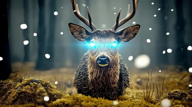 Majestic deer with glowing eyes in a misty forest surrounded by soft snowflakes