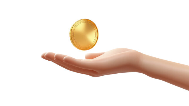 Hand Holding Flying Gold Coin 3D Render Icon with Dynamic Motion and Financial Concept Isolated on White Background