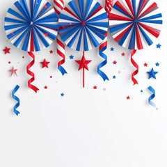 Obraz premium Vibrant colorful 3D fireworks bursting with stars and ribbons on white background, vector illustration for July 4th holiday celebration and party decorations