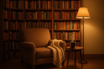 Cozy Reading Nook with Floor-to-Ceiling Bookshelf Filled with Colorful Vintage and Modern Books Soft Lamplight