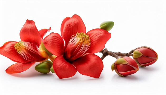 branch of blossoming bombax ceiba tree or red silk cotton flower isolated on white background
