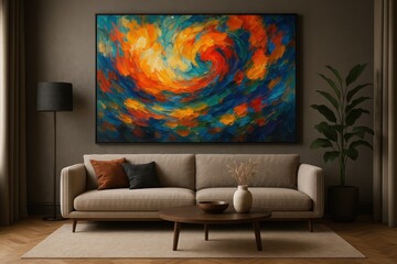 Detailed 3D Render View of an Artistic Painting in a Stylish Living Room, Interior Decor and Art