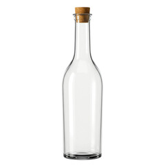 Clear glass bottle with a cork stopper, elegant design, on a black background