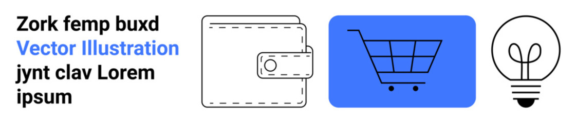 Wallet symbolizing finance, shopping cart representing e-commerce, and light bulb for innovation. Ideal for business, finance, technology, online shopping, innovation, creativity simple landing page