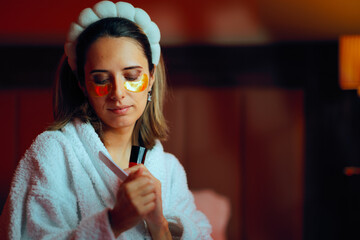 Woman with Gold Eye Patches Doing her Home Care Routine. Person who has everything she needs for...