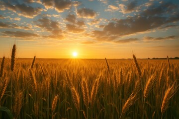 Fototapeta premium Field of golden wheat against a morning sun sky with clouds, natural landscape