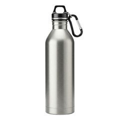 Metal bottle with black lid, carabiner on a black background. Isolated and sleek