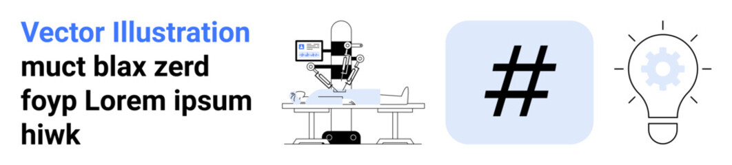 Robotic surgical device performing operation, metadata tag symbol, and light bulb with gear. Ideal for technology, AI, healthcare, innovation, surgery, creative thinking simple landing page
