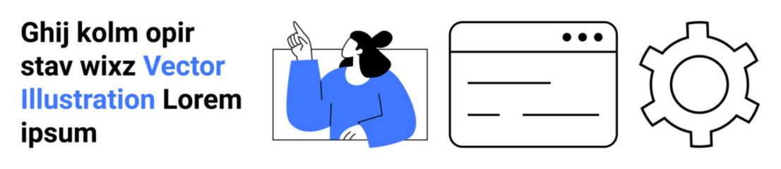 Person making a gesture, browser interface window, and gear icon representing technology, settings, user interaction, design planning, web development, customization, efficiency simple landing page