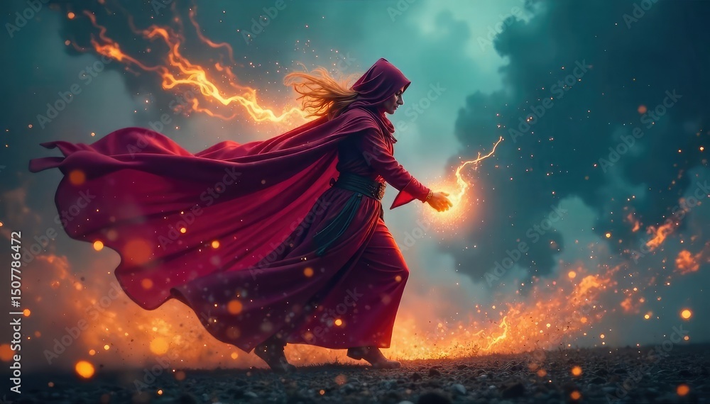 Wall mural blurred motion shot of a sorcerous figure, arcane energy crackling around them, swift movement impli