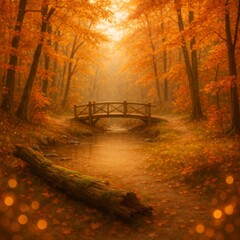 Romantic Autumn Forest with Wooden Bridge and Mossy Log – Cinematic Portrait Background