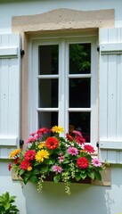 Obraz premium Charming window box overflowing with colorful flowers, nestled in front of rustic white shutters Perfect for adding a touch of cottagecore to your home decor , garden, exterior