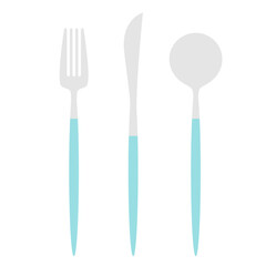 Modern Cutlery Set Illustration Silver Blue– Fork, Spoon, and Knife