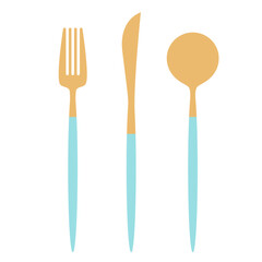 Modern Cutlery Set Illustration Gold Blue– Fork, Spoon, and Knife